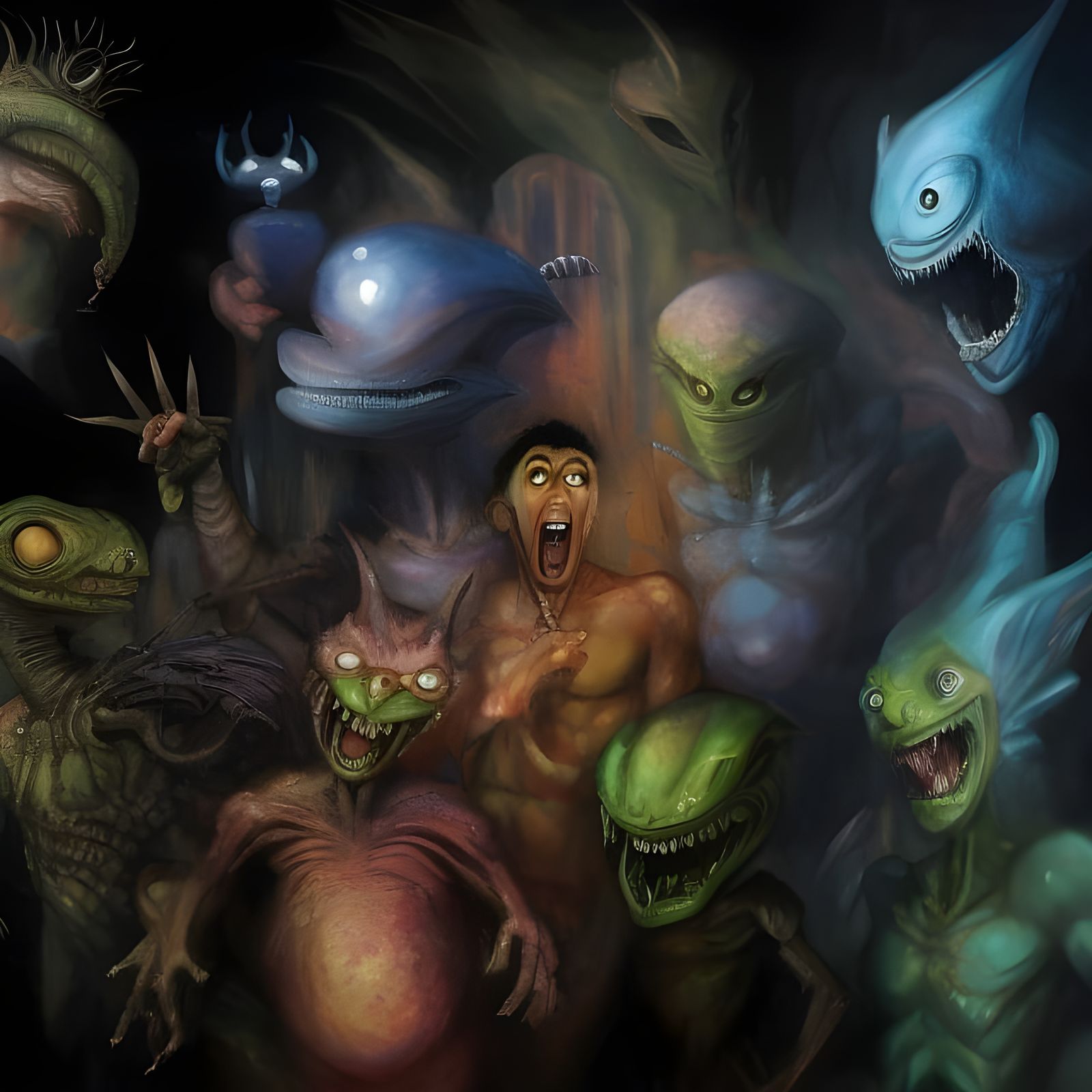Cartoon Party in Grotesque Oil Painting Style