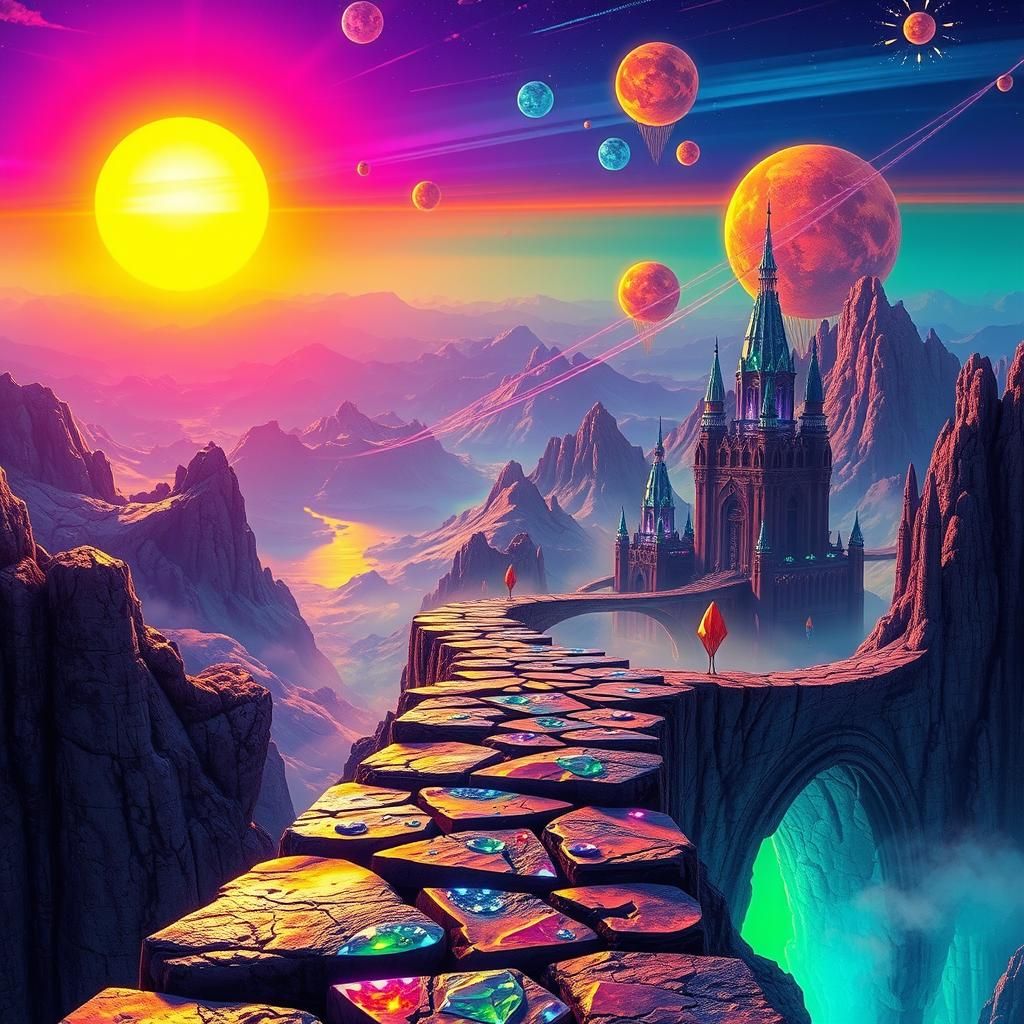 an imaginary fantasy planet with warped floating Plato's , f...