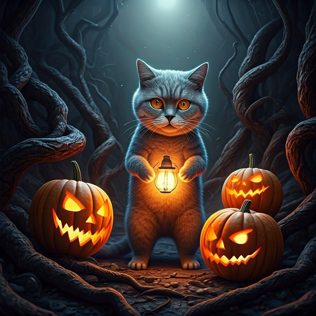 Halloween Cat with Lantern in Burtonesque Style