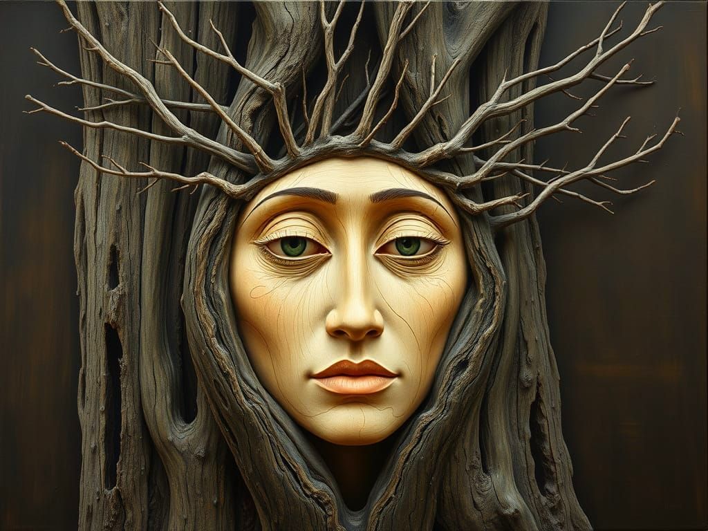 Surreal Wooden Woman Carved in Tree, Dali Style