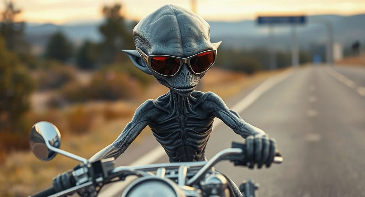 Grey Alien Rides Custom Harley on Nevada Highway