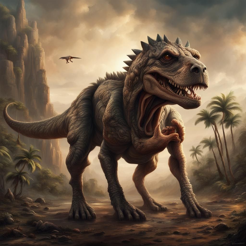 One-Eyed Dinosaur-Dog Hybrid in Digital Matte Painting