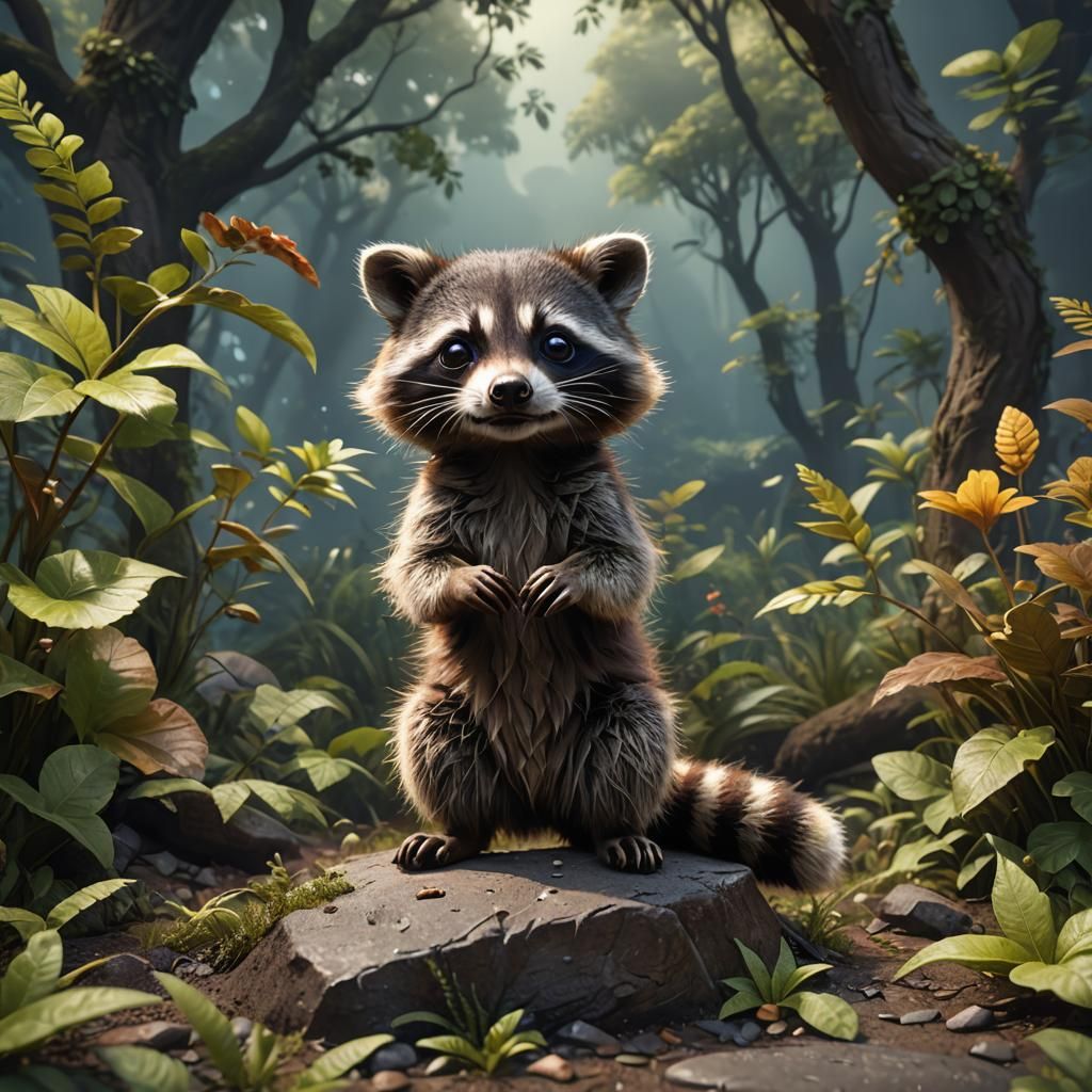 Adorable Baby Raccoon in Detailed Digital Painting