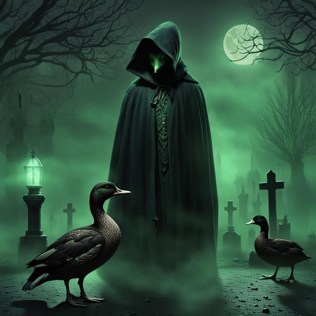 Vampire Duck in Graveyard: A Gothic Illustration