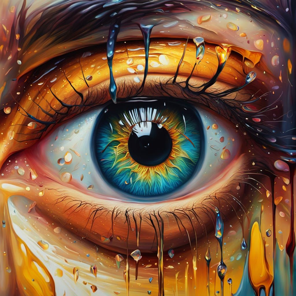 Surreal Tear Reflects Golden Light: Macro Oil Painting