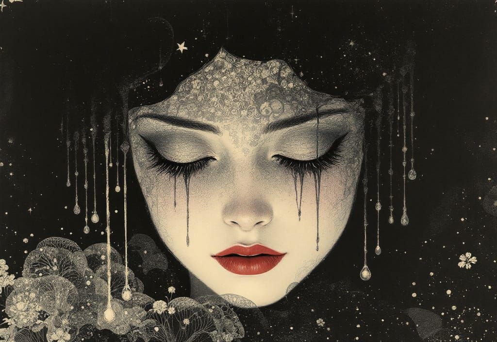 Melancholic Fornasetti-Style Portrait of Crying Eyes