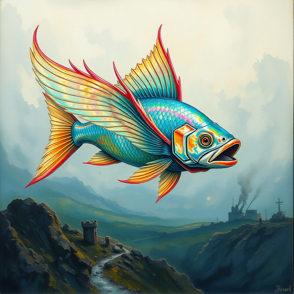 Iridescent Winged Fish Soaring Through War-Torn Sky