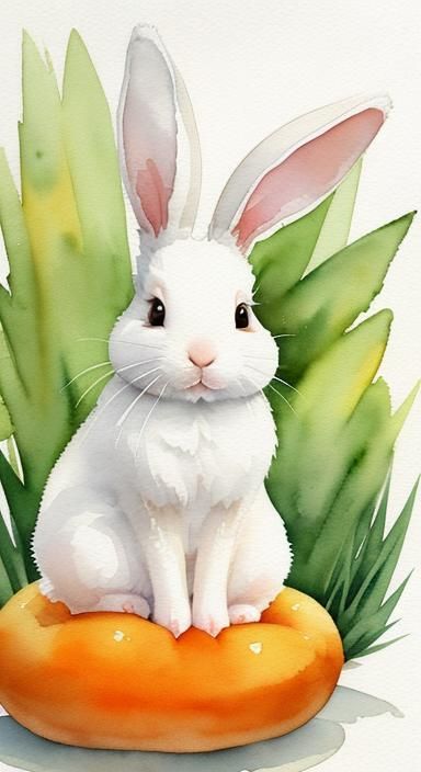 Watercolor Bunny in Garden: Minimalist Ink Painting