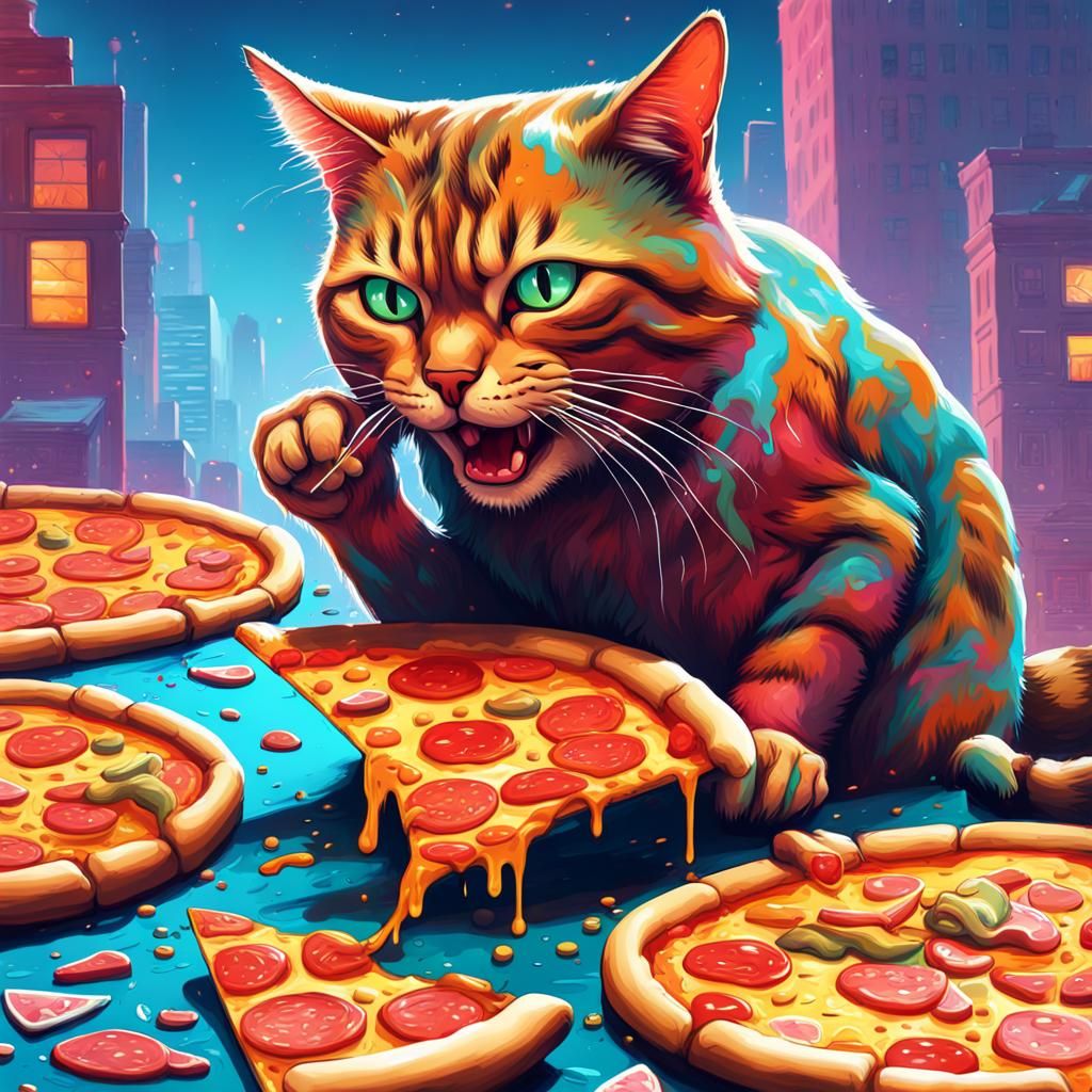 Happy Cat Eating Pizza in Retrofuturism Style