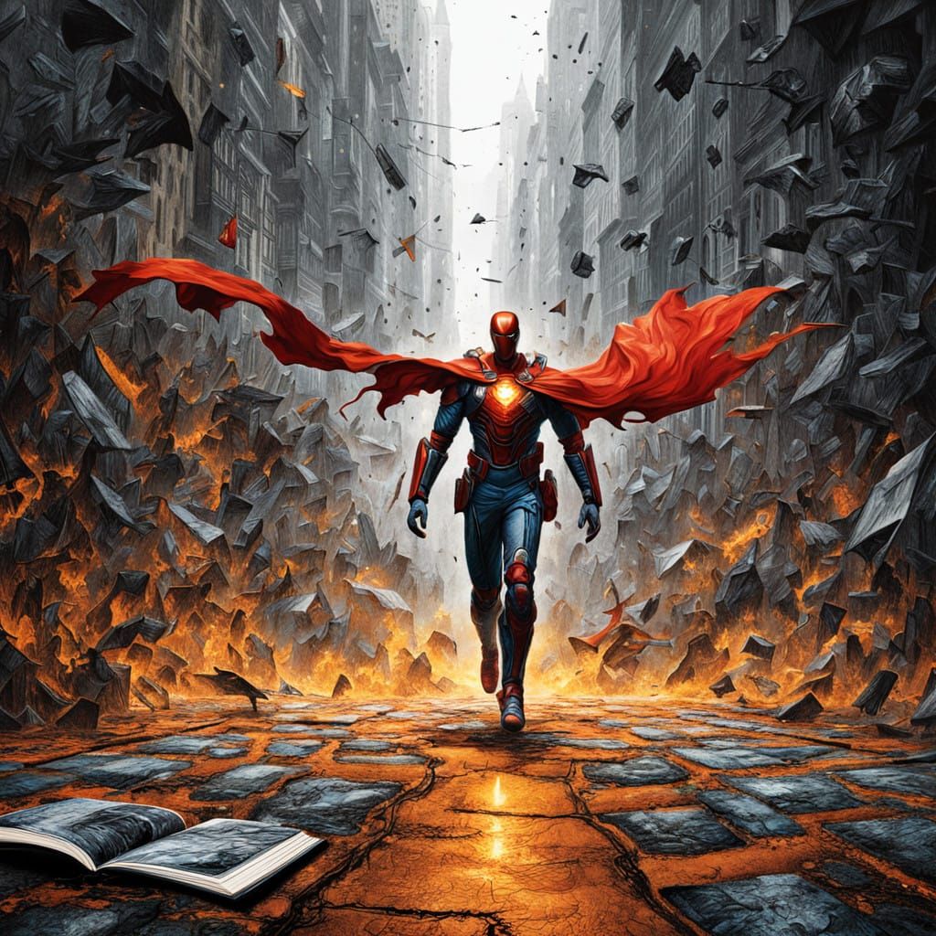 Epic Superhero Unleashes Power in Destroyed Cityscape
