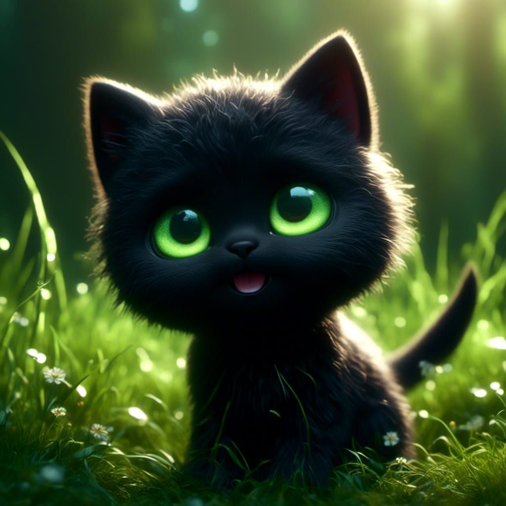 Adorable Black Kitten with Glowing Green Eyes