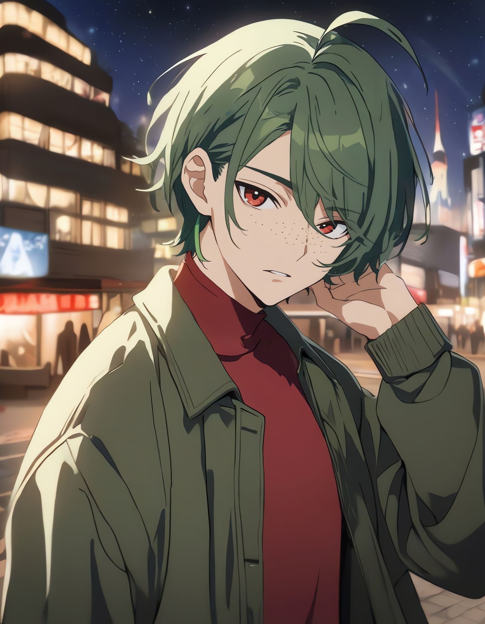 Anime Bishounen in Cityscape at Night