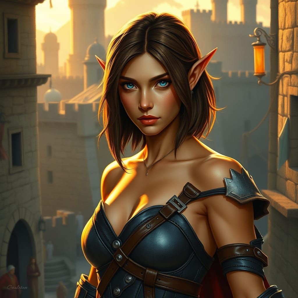 Ethereal Elf Rogue in Dazzling Blue and Brown Armor