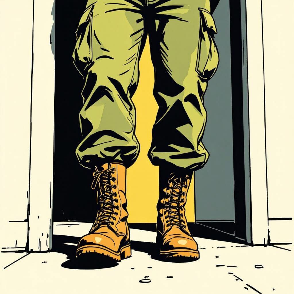 US Army Lieutenant's Boots Against Barracks Wall in Comic St...