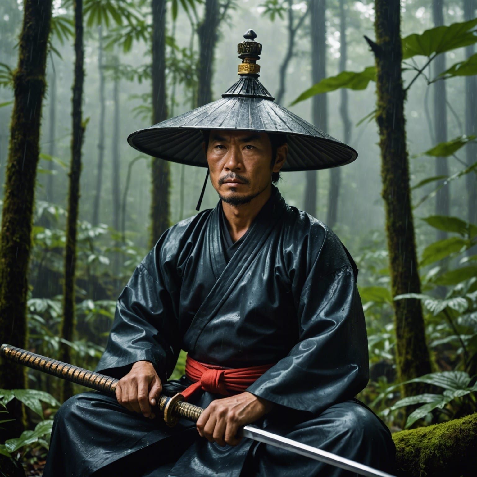 Samurai Meditating in Rainforest with Lightning