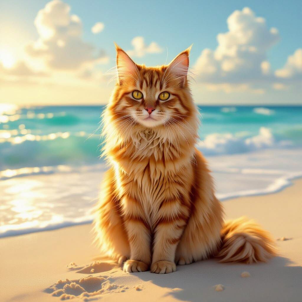 Fluffy Ginger Cat on Tropical Beach at Golden Hour