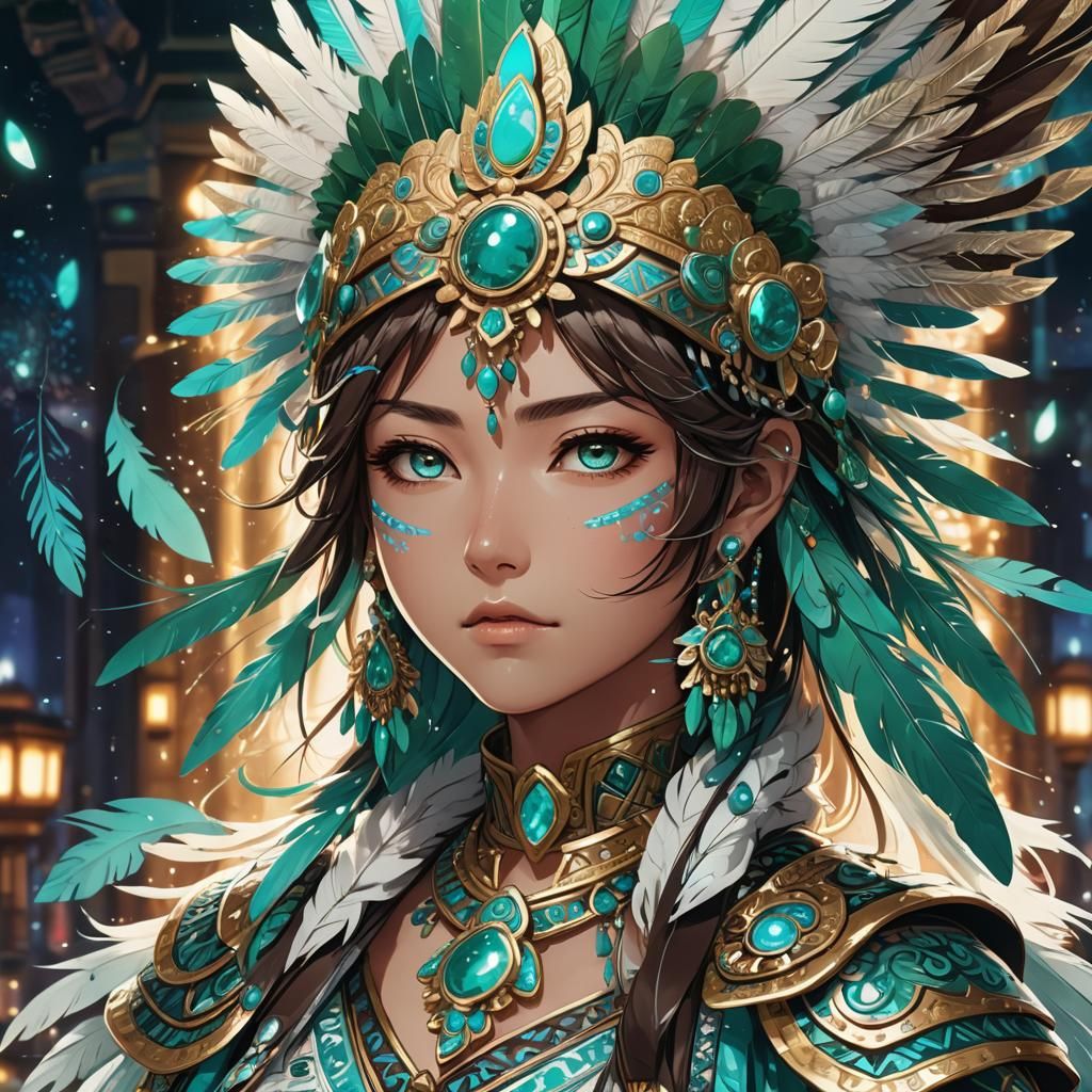 Aztec Waifu Anime Portrait in Manga Style