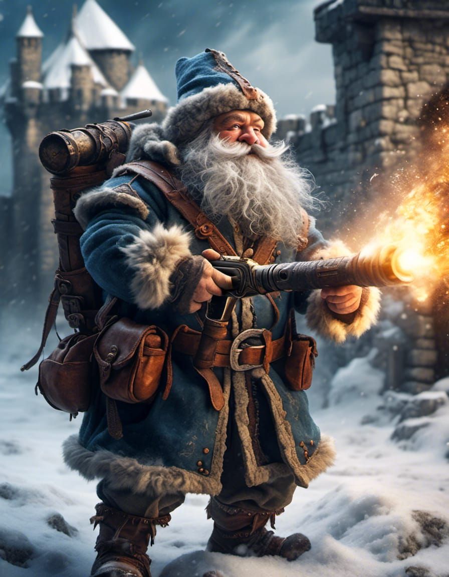 Armored Dwarf Engineer Firing Blunderbuss in Snow
