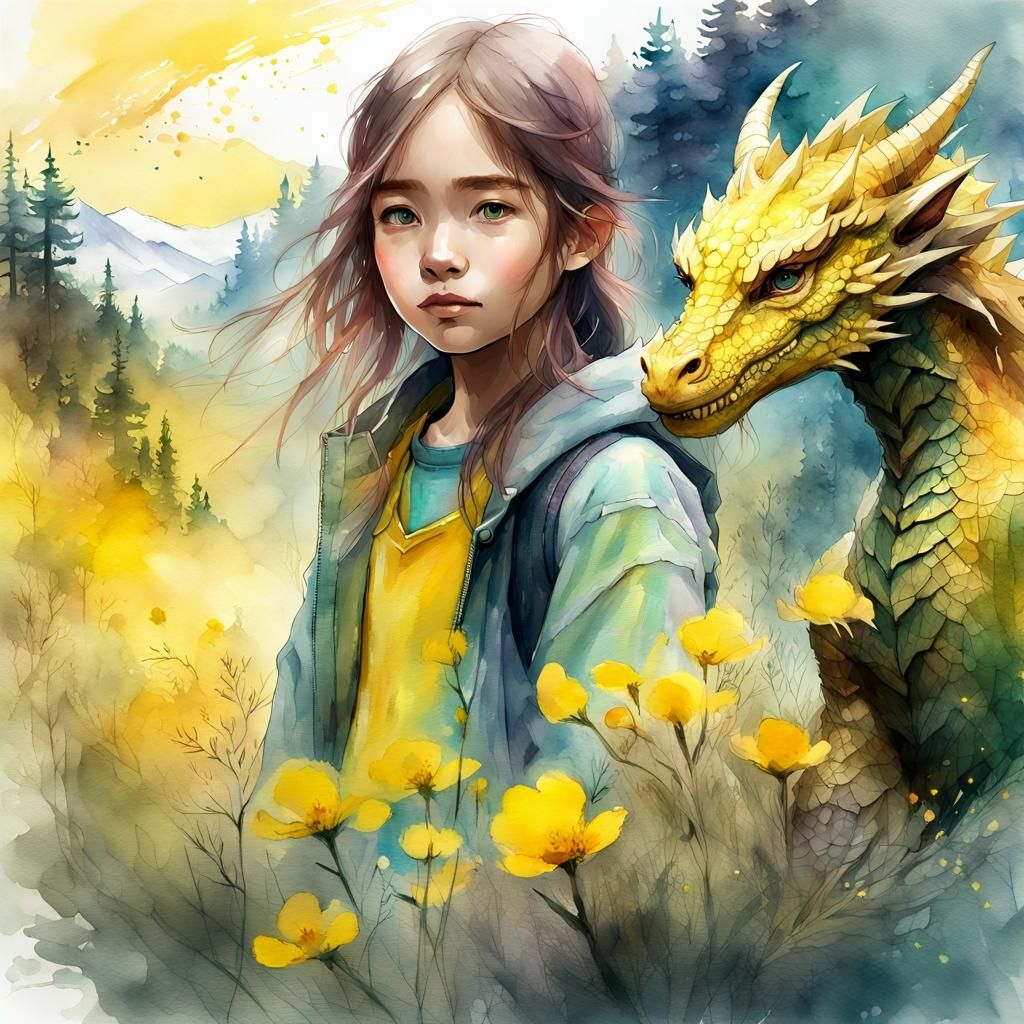 Girl with Dragon in Watercolor Fantasy Landscape