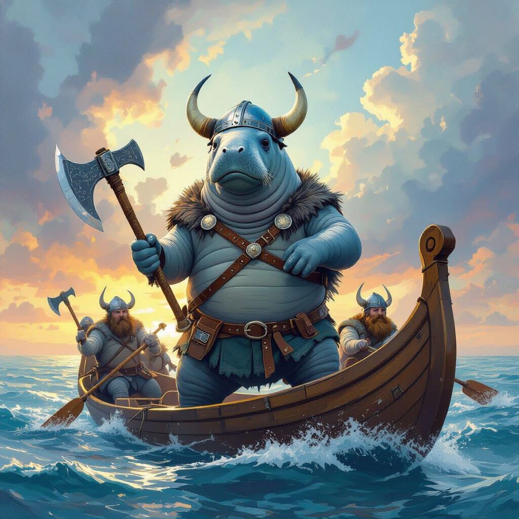Viking Manatee on Longboat in Gouache Style