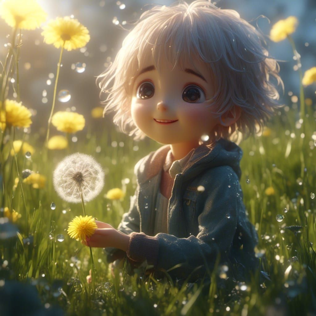 Smiling Dandelion with Big Eyes in Anime Style