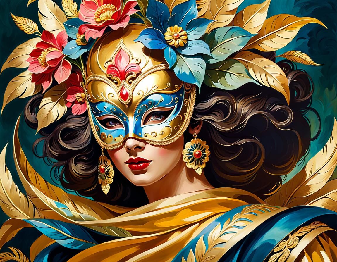 Woman in Gold Mask: Gouache Impressionist Portrait