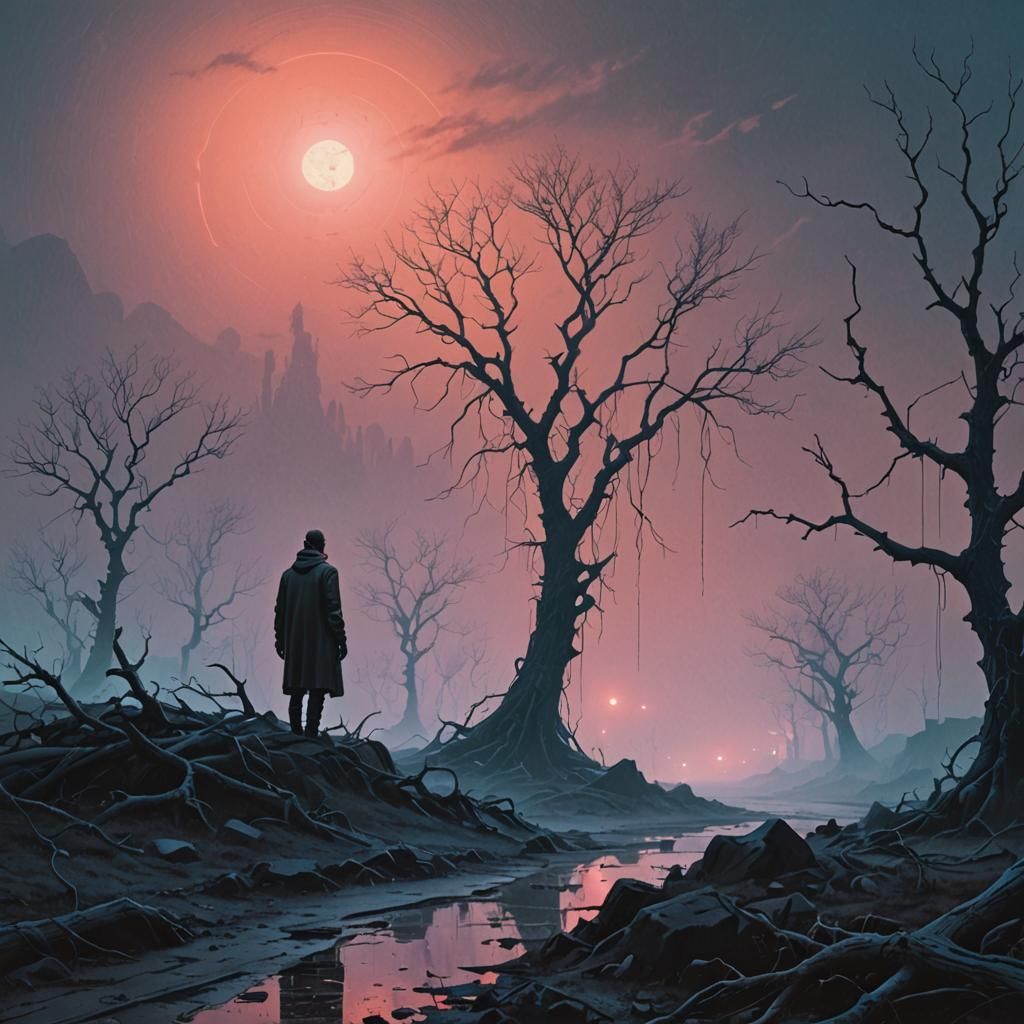 Melancholic Cyberpunk Figure in Desolate Landscape