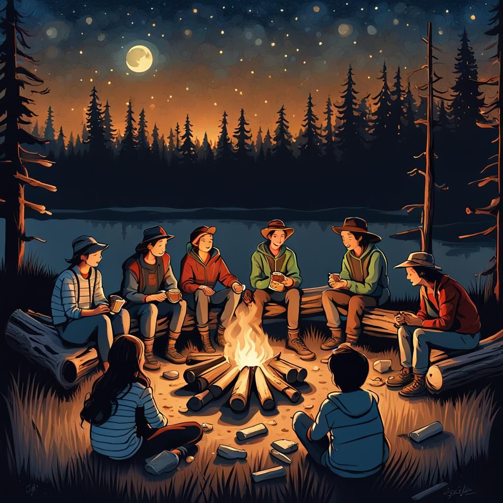 Friends Share Stories Around Campfire: 3D Digital Art