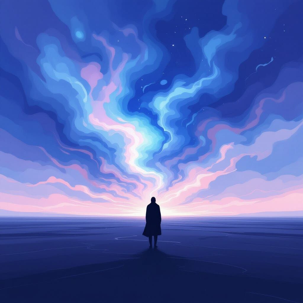 Faceless Figure Contemplates Nebula Sky in Minimalist Line A...