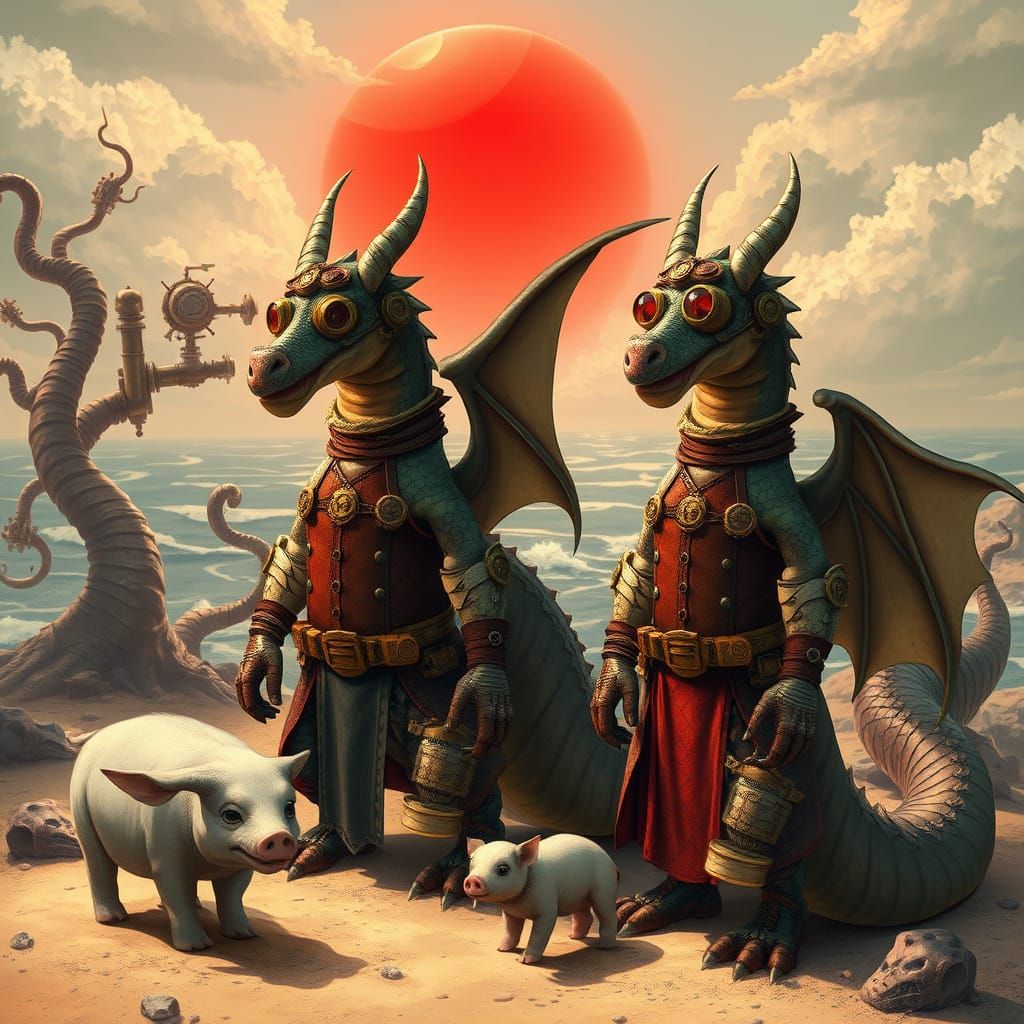 Dragons as Steampunk Mafia Henchmen on Jello Ocean