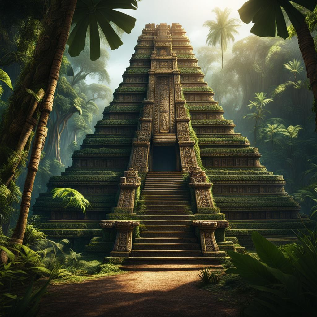 Mayan Temple in Jungle, Detailed Matte Painting