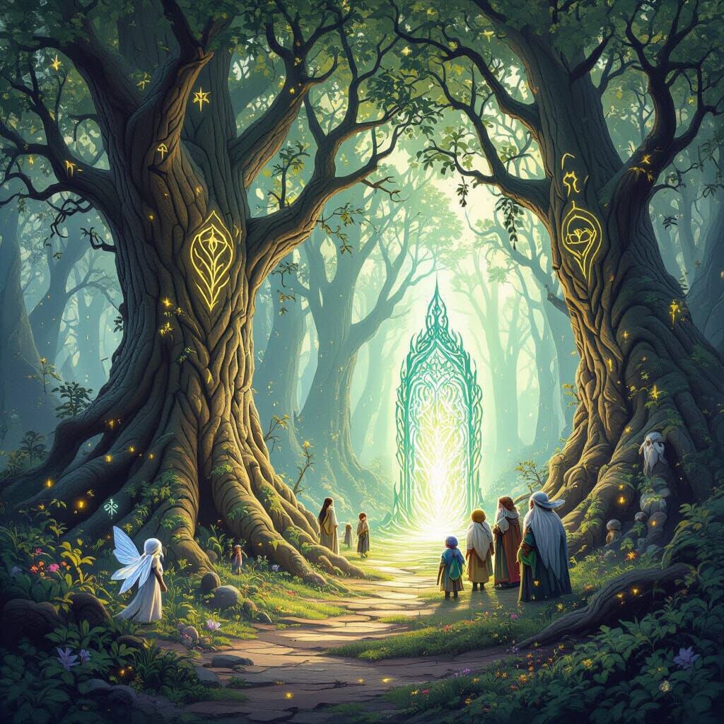 Enchanted Forest Clearing with Shimmering Portal and Mythica...