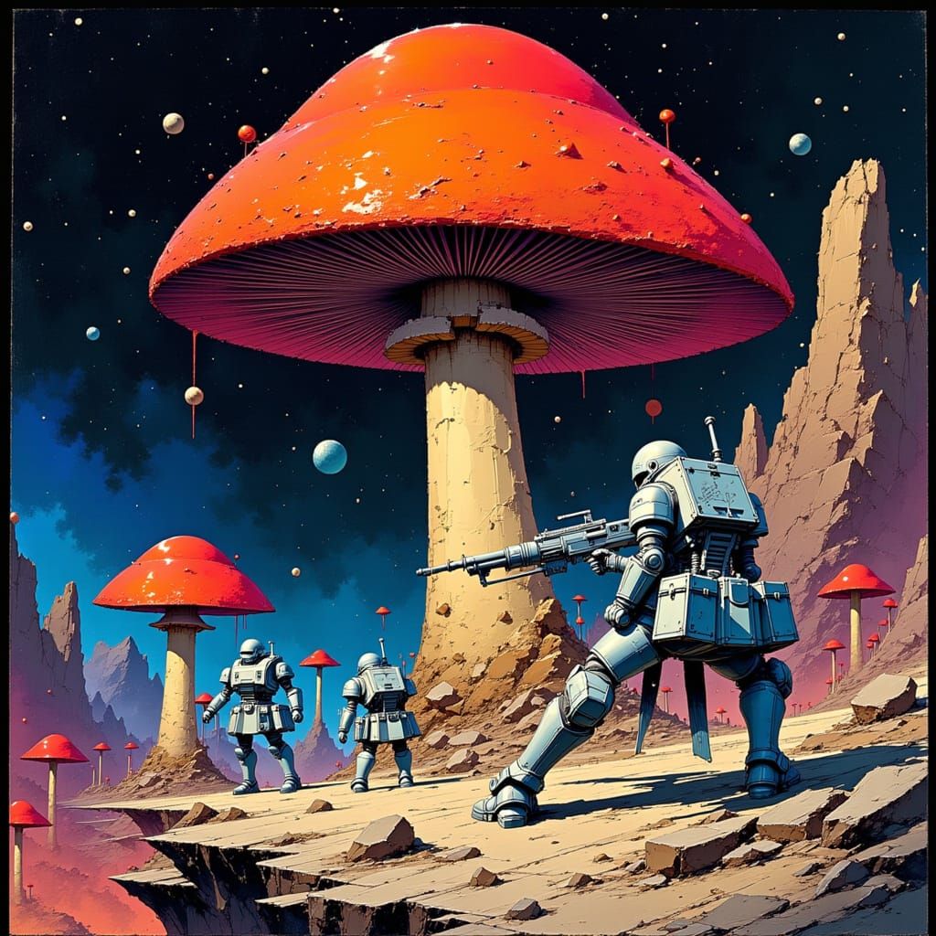 Space Marines vs Giant Mushrooms in Galaxy Battle