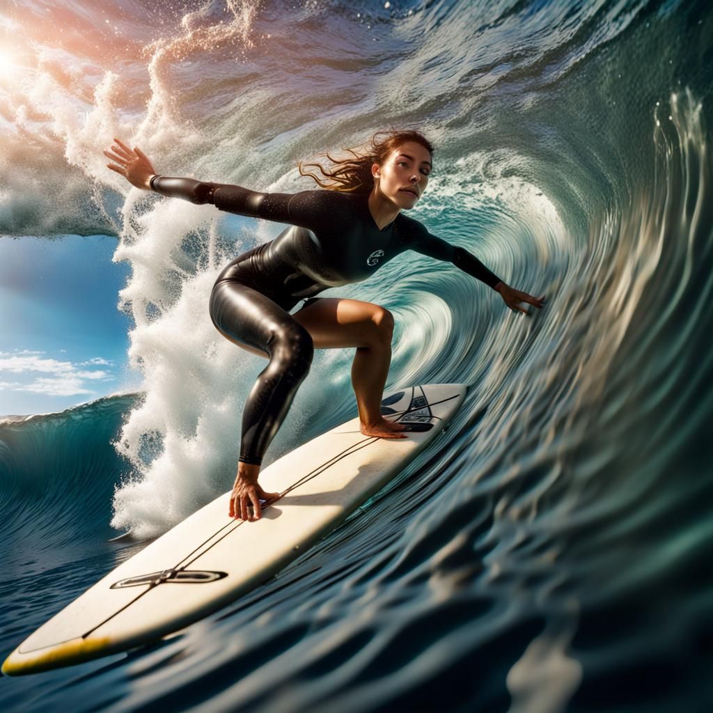 Surfer Girl Duckdiving Underwater: Photorealistic 8k