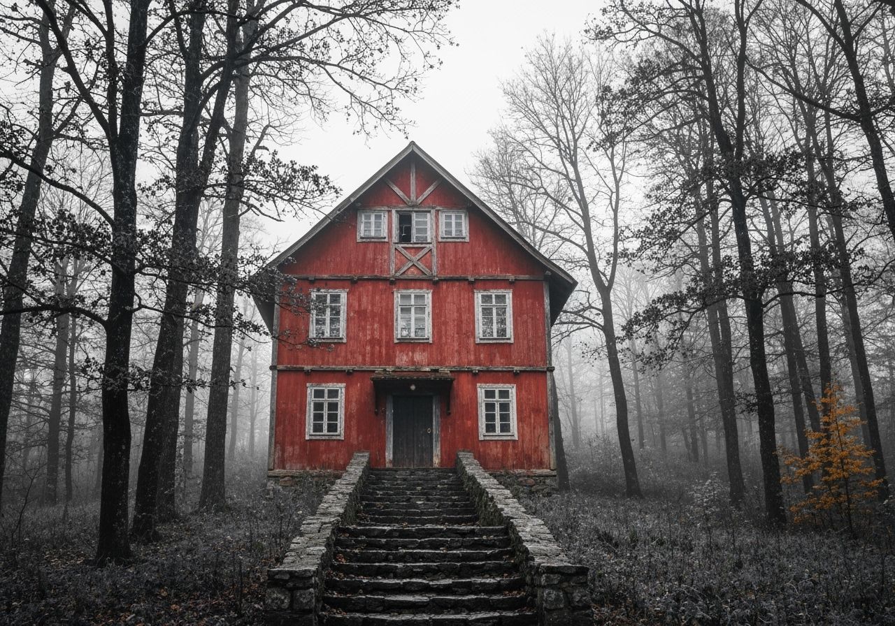 Old Red Two-Story House on Stone Steps in Misty Forest