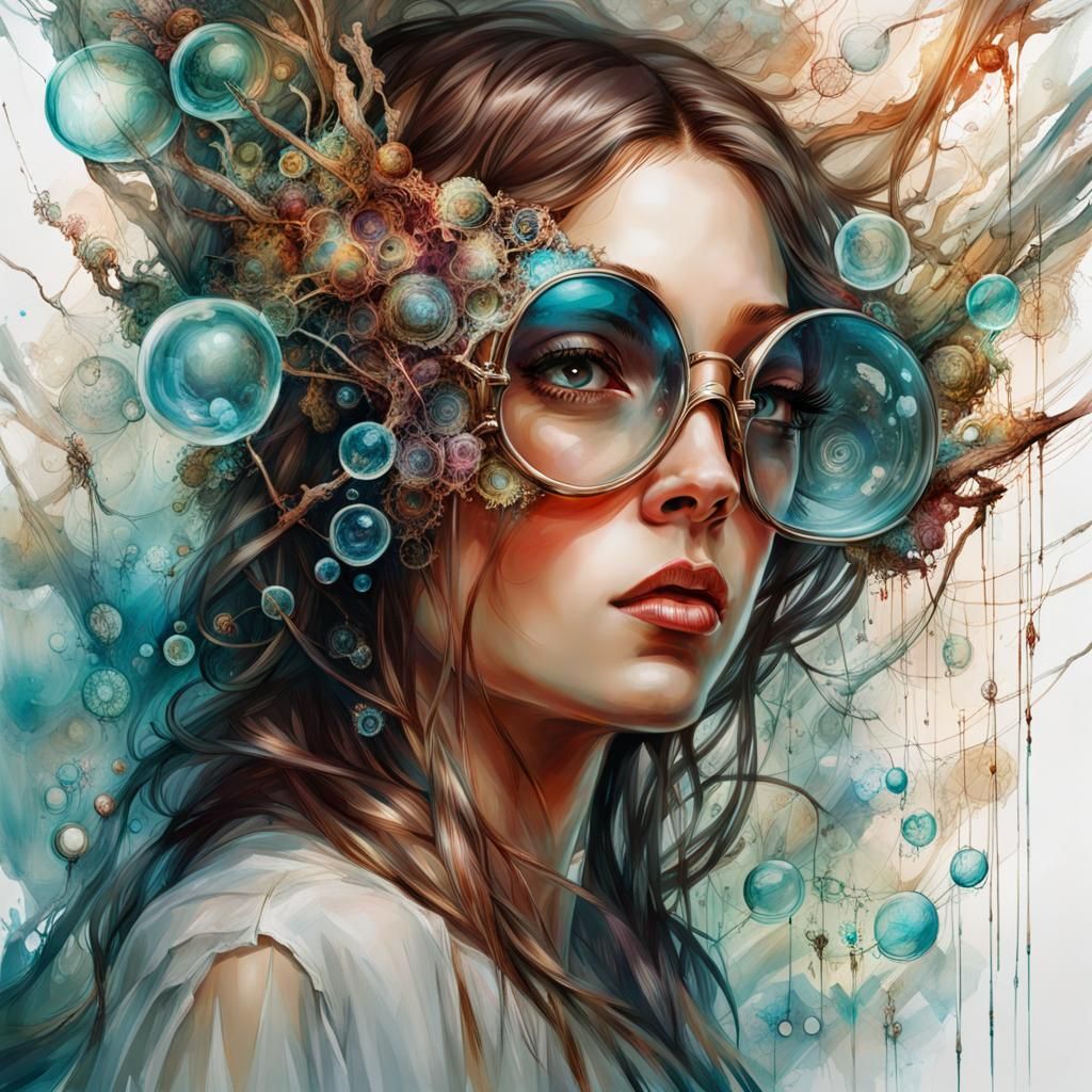 Girl in VR Glasses Emanating Mental Bubbles