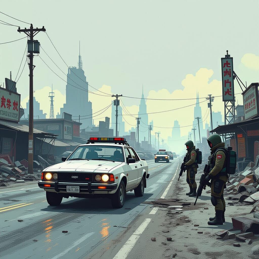 Postapocalyptic City Ruins with 1980s Car
