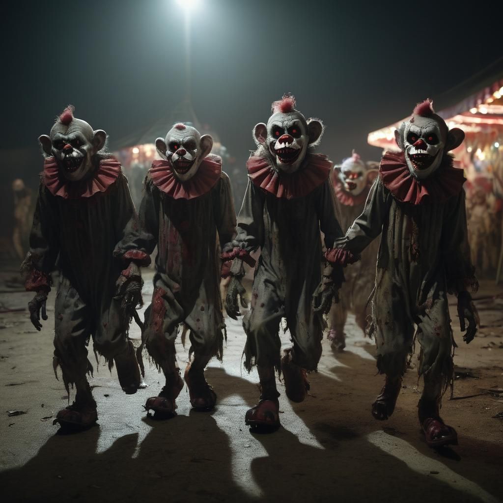Zombie Monkey Clowns in Abandoned Carnival: Dark Fantasy