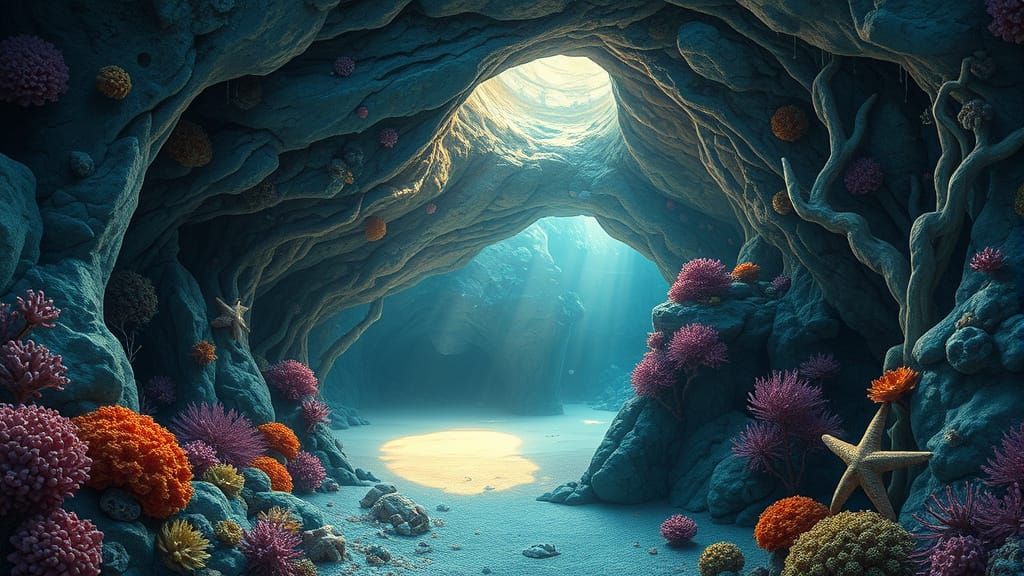 Fairytale Underwater Cave with Coral and Starfish