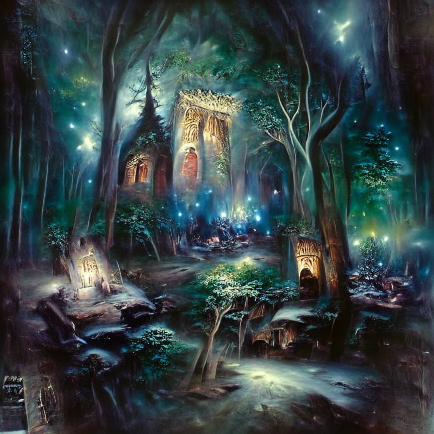 Elven Temple Ruins in Mysterious Forest: Fantasy Art