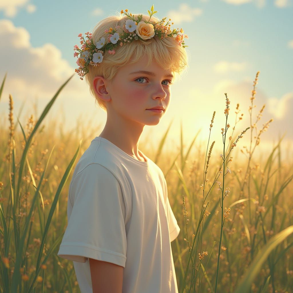 Teenage Boy with Flower Wreath in Summer Field