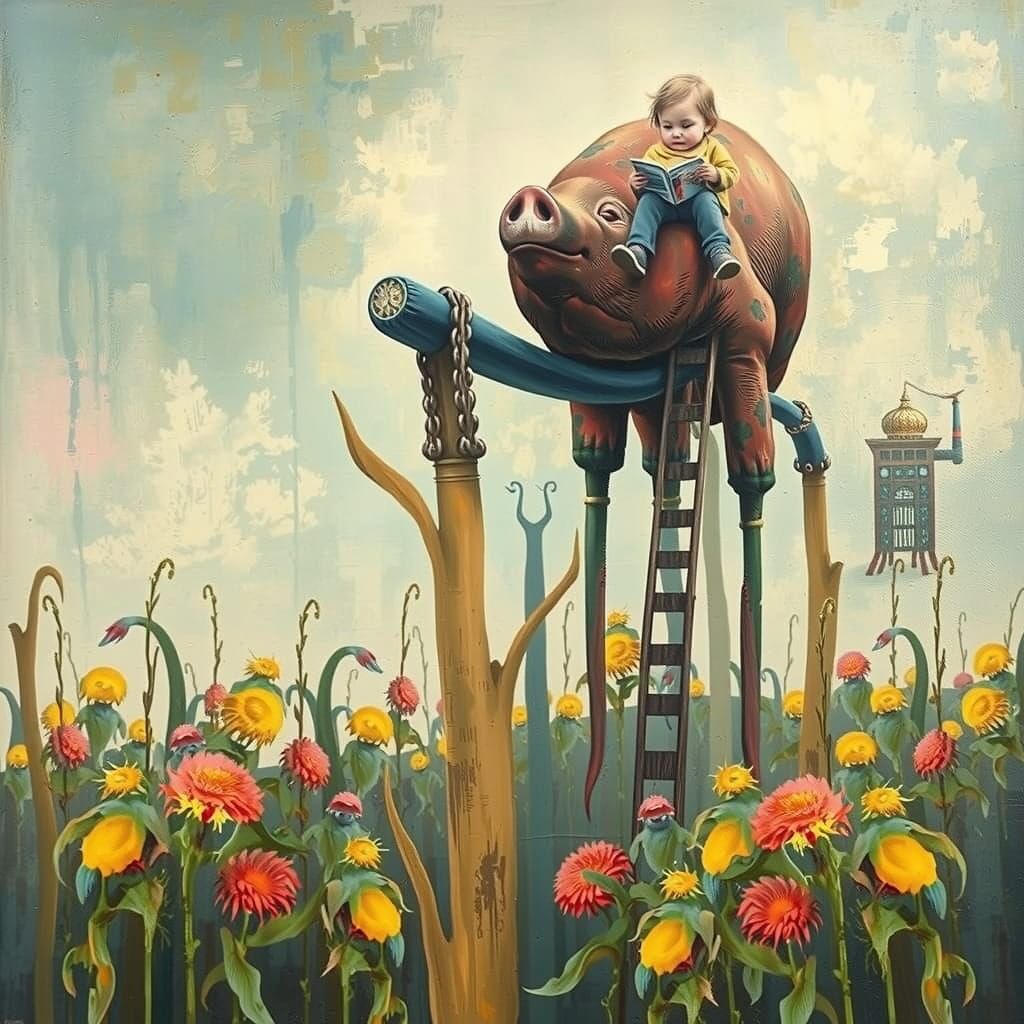 Whimsical Surrealist Scene with Pig Creatures and Whale