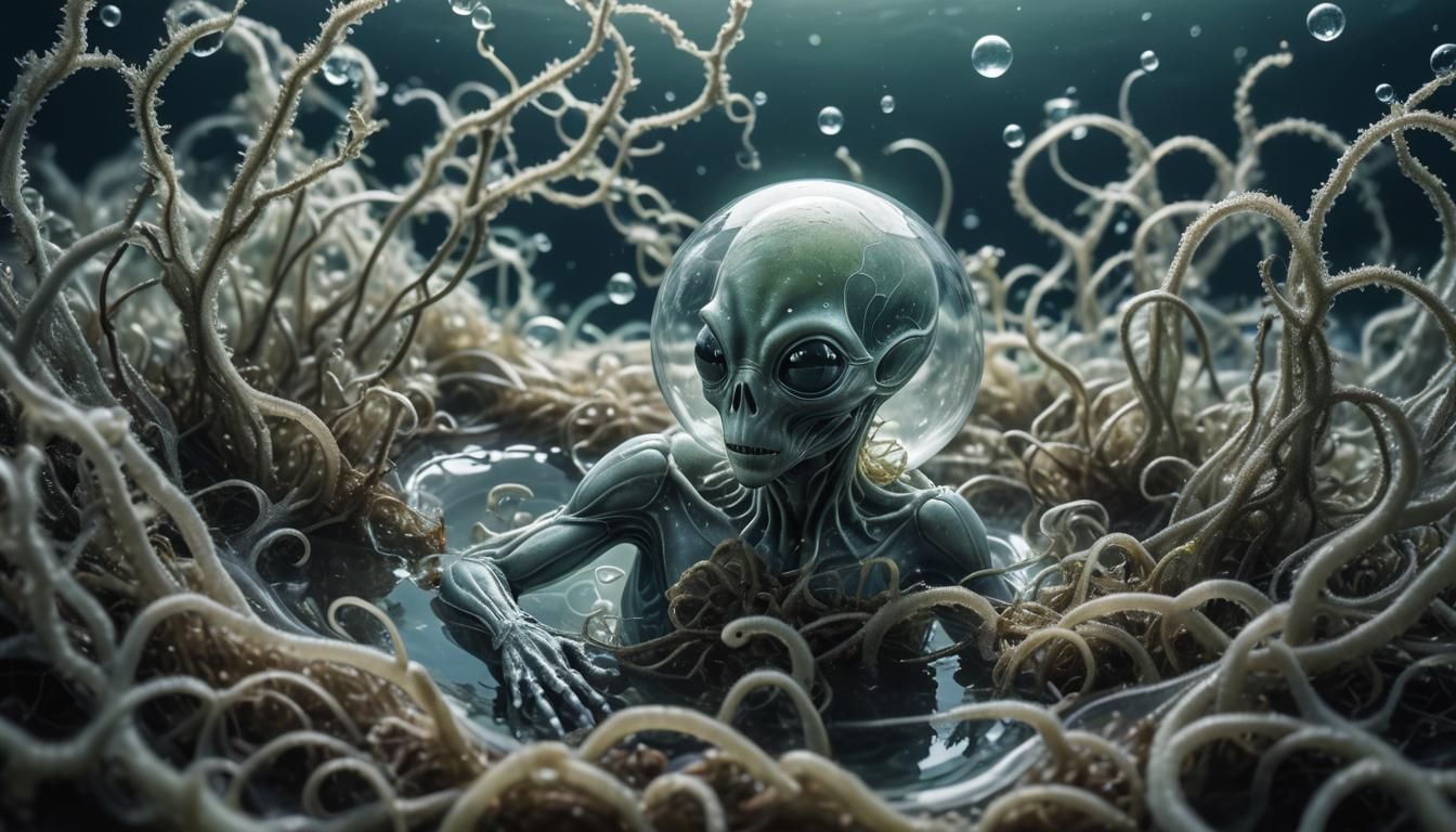 Gray Alien Sleeping in Bioluminescent Air Bubble