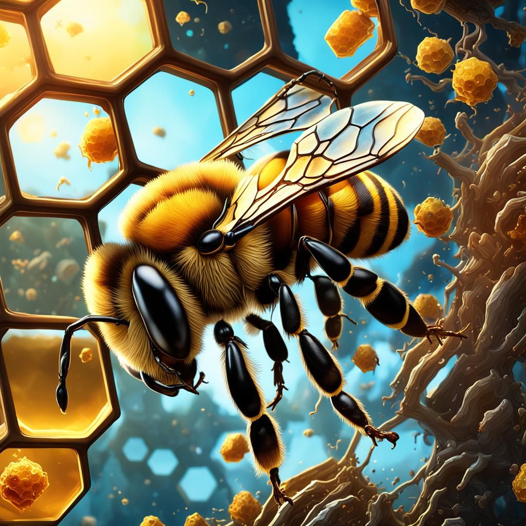Queen Bee in Honeycomb: Detailed Digital Art