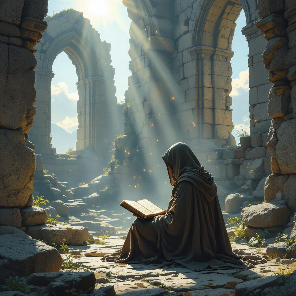 Solitary Scholar in Ancient Ruins with Open Book