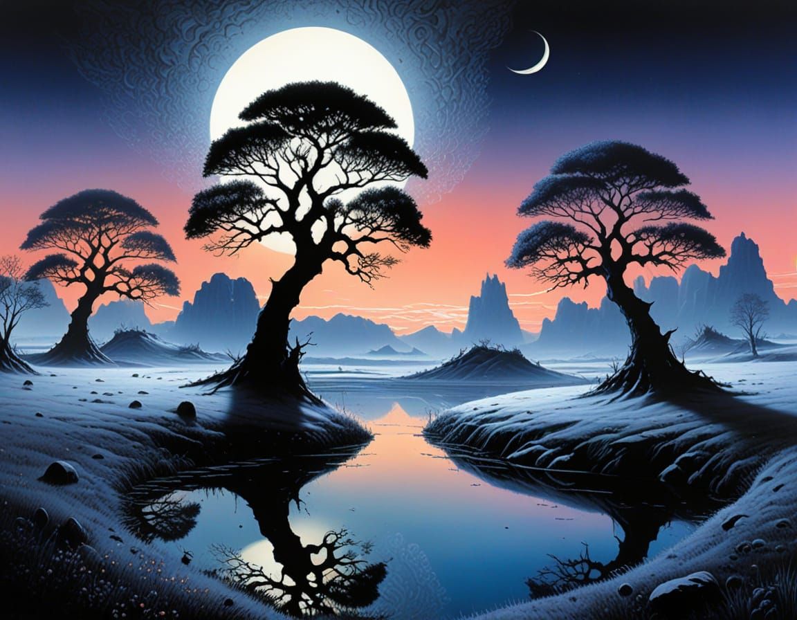 Surreal Landscape Painting with Zentangle Snow Patterns