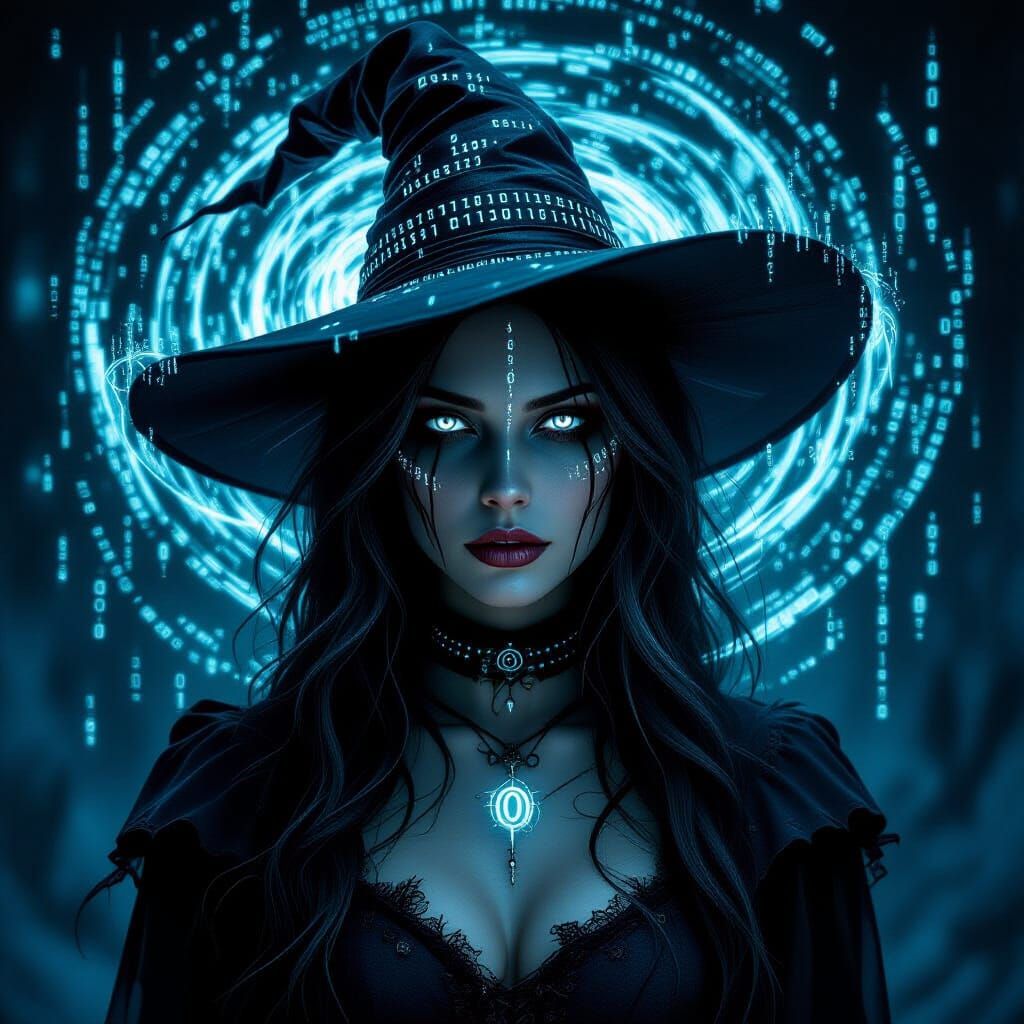 Witch with Digital Vortex Face in Gothic Cyberpunk Style