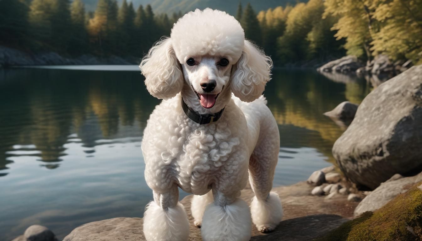 Hyperrealistic Portrait of White Poodle in Forest Lake