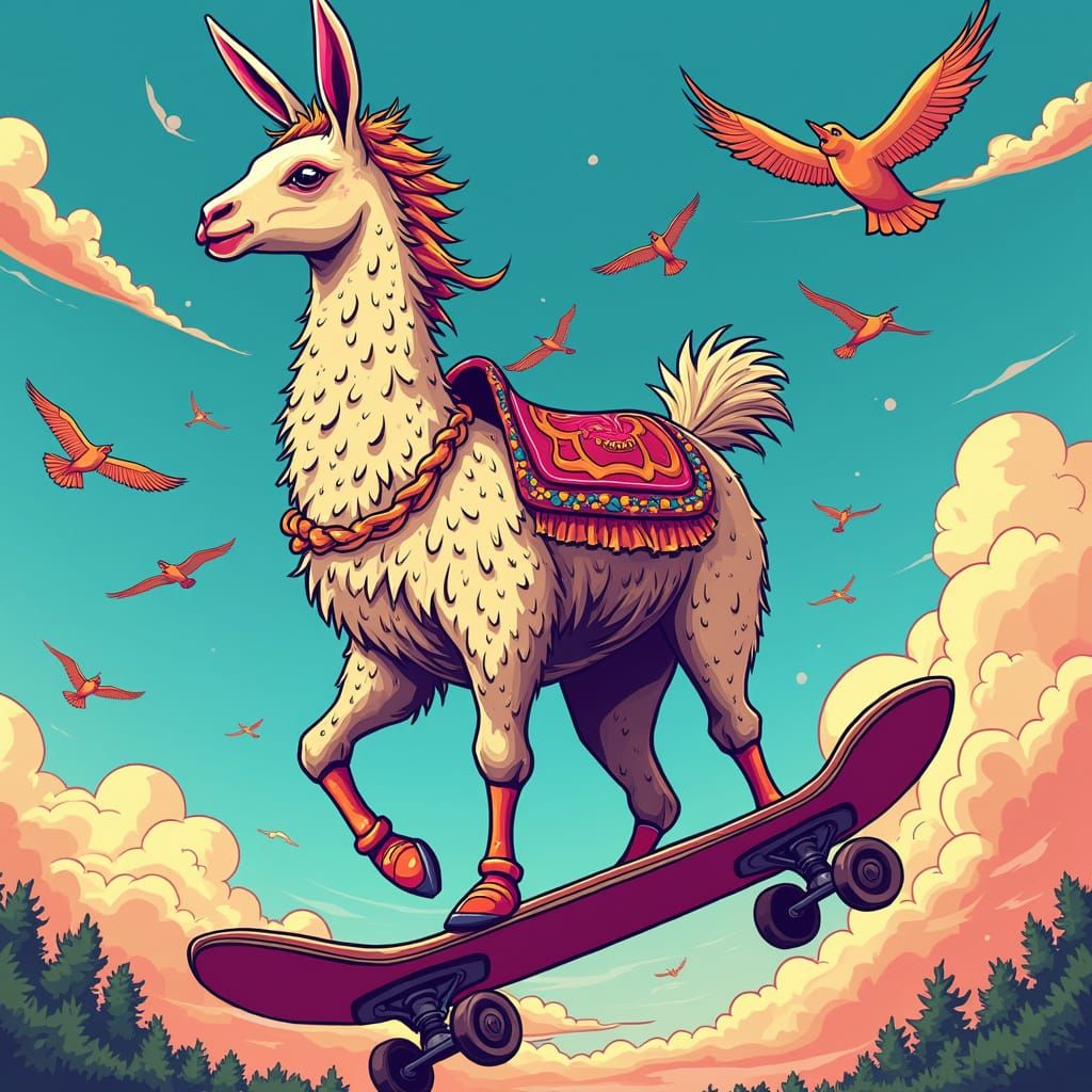 Vibrant Chrome Llama Rides Curly Skateboard with Birds in Fl...
