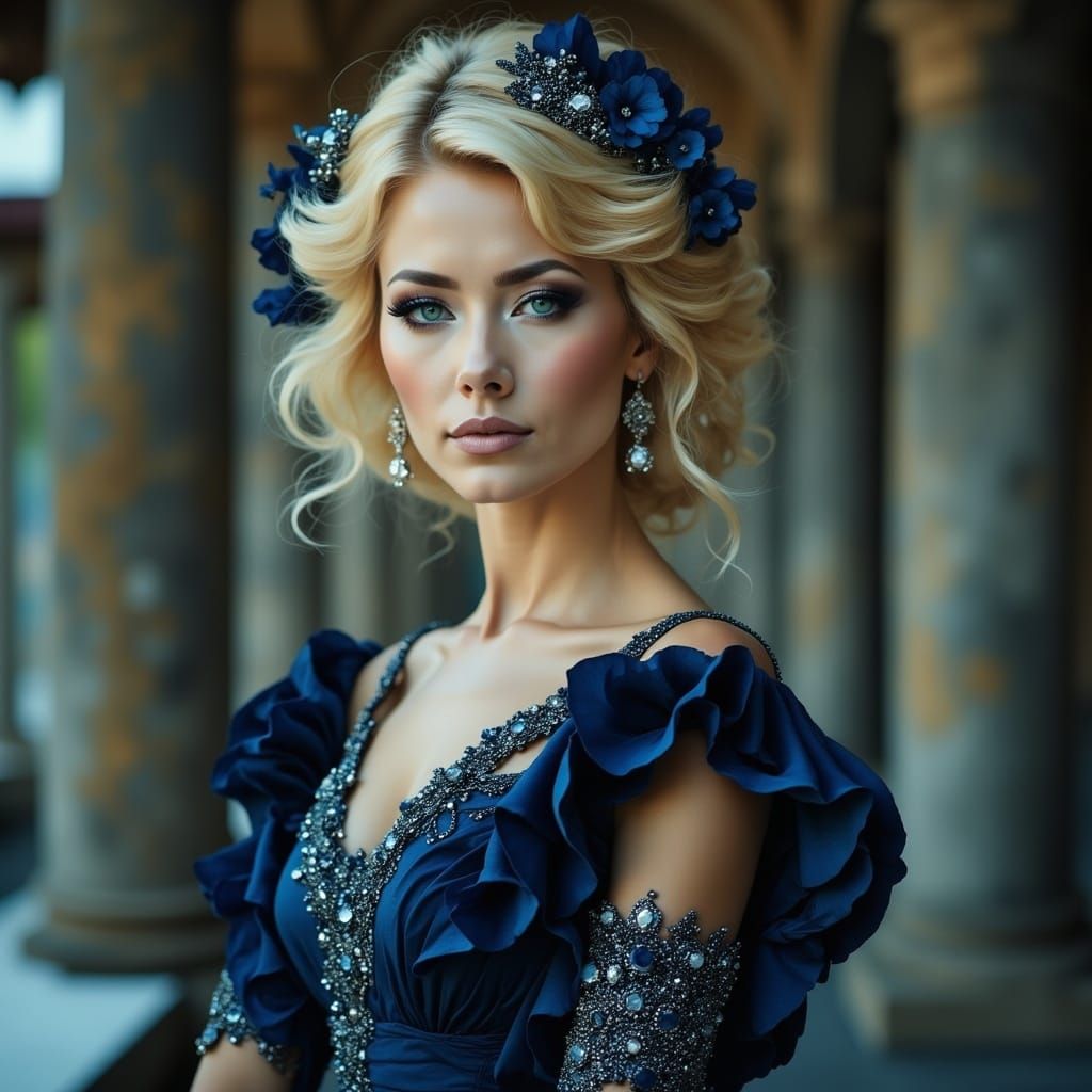 Elegant Figure in Blue Gown, Art Nouveau Style